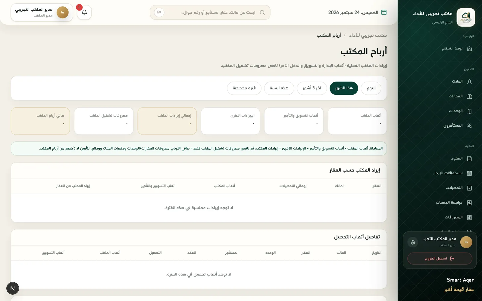 تقرير أرباح المكتب في نظام سمارت عقار