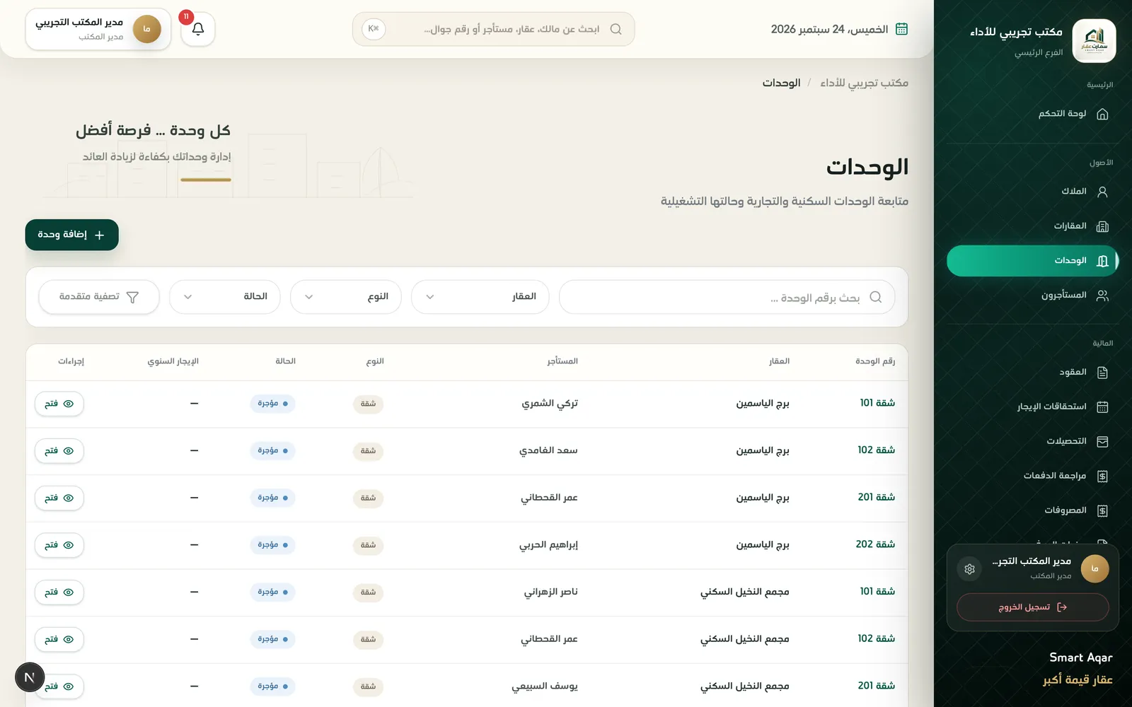 شاشة الوحدات في نظام سمارت عقار